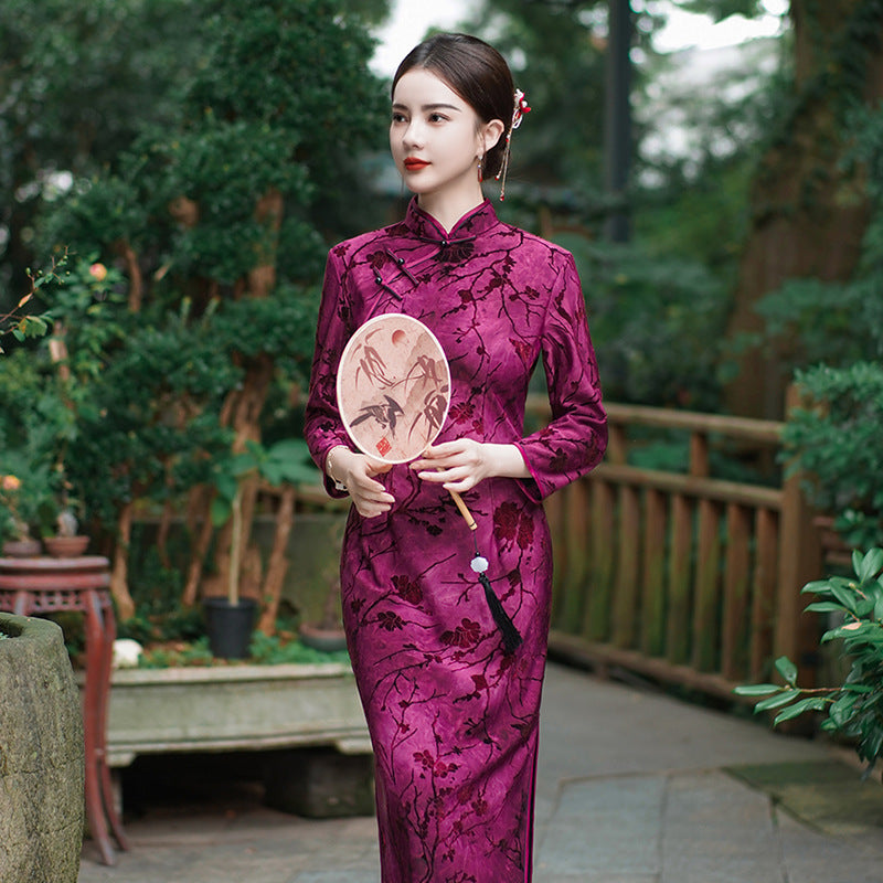 Yourqipao Autumn Improved Composite Velvet Cheongsam Banquet Performance Plus Size Long Qipao Chinese Style Wedding Dress Women