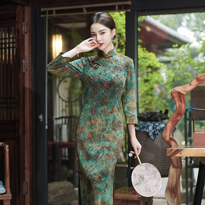 Yourqipao Autumn Improved Composite Velvet Cheongsam Banquet Performance Plus Size Long Qipao Chinese Style Wedding Dress Women