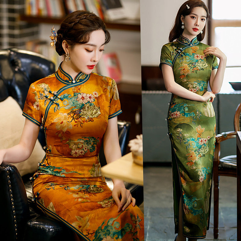 Yourqipao Chinese Improved  Cheongsam Women's Retro Temperament Slim Catwalk Qipao Dress Long Style