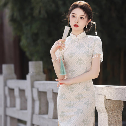 Yourqipao Improved Chinese Short-sleeved Cheongsam Dress Traditional Wedding Toast Skirt for Women