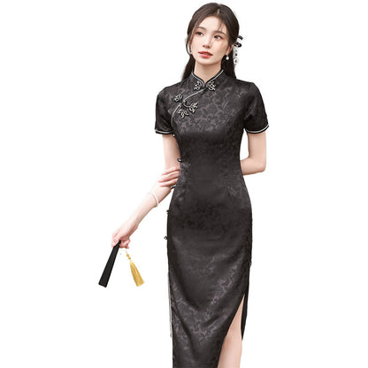 Yourqipao Large Flower Buttoned Jacquard Cheongsam Dress Chinese Style Improved Elegant Catwalk Performance Evening Dress