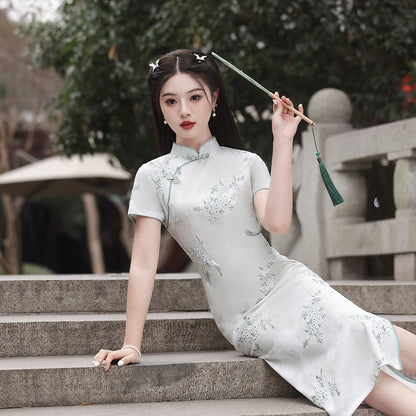 Yourqipao Short-sleeved Long Cheongsam for Women Chinese Traditional Dress Lace Skirt