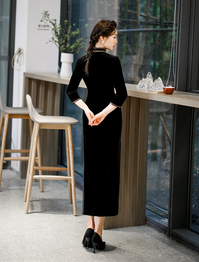 Yourqipao Long Sleeve Gold Velvet Cheongsam Chinese Qipao Dress for Women