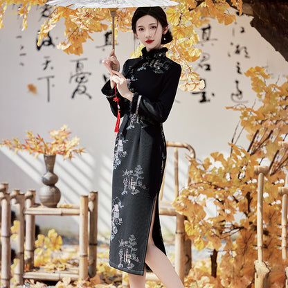 Yourqipao Winter Embroidered Black Cheongsam Retro Elegant Fashion Improved Qipao Chinese Style