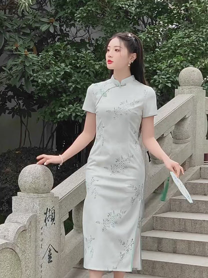 Yourqipao Short-sleeved Long Cheongsam for Women Chinese Traditional Dress Lace Skirt