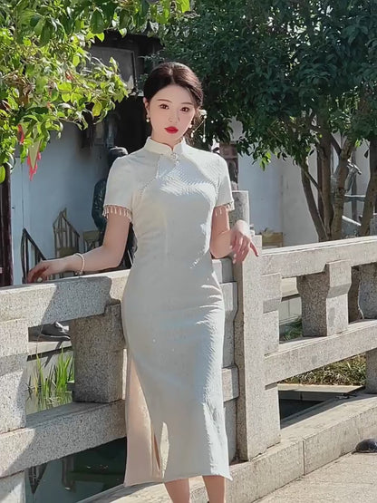 Yourqipao Improved Chinese Short-sleeved Cheongsam Dress Traditional Wedding Toast Skirt for Women