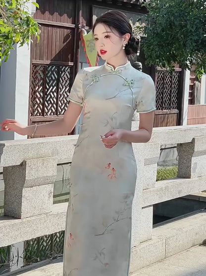 Spring Improved Cheongsam Daily Retro Young Style Silk Qipao Dress for Women